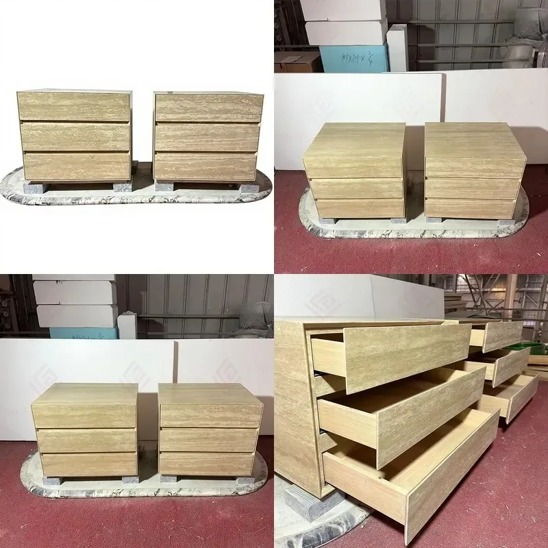 Luxury Modern Natural Stone Cabinet Bedroom Living Room Interior Furniture Travertine Locker 3 Drawer Dresser Edge