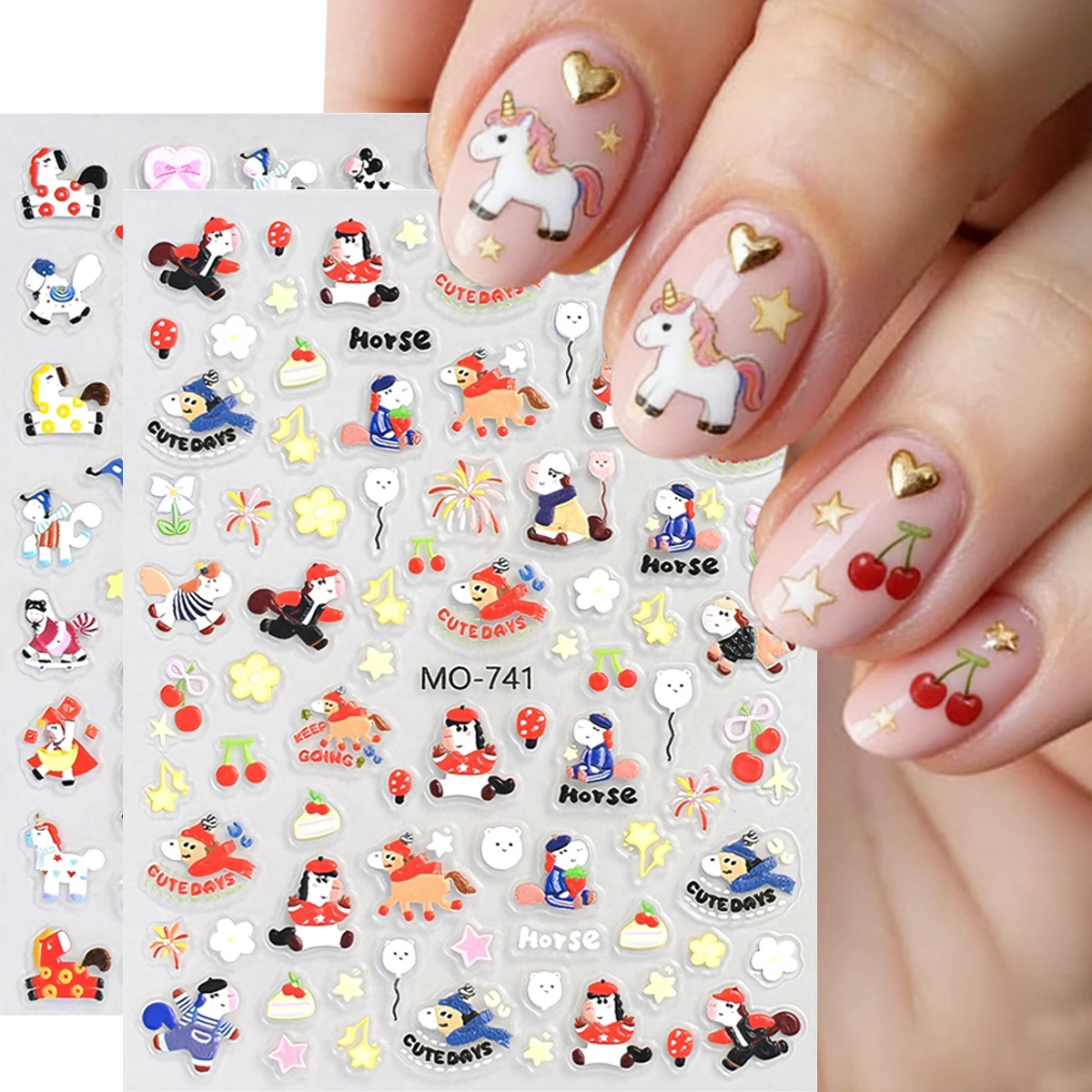 Year of the Horse New Year nail stickers, cartoon embossed 3D nail stickers, pony, ingot, and firework nail decals.