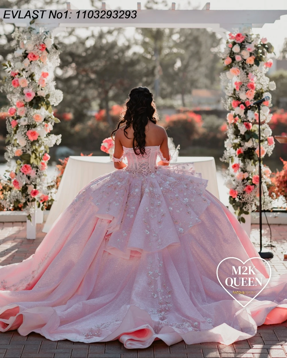 EVLAST Customized Pink Quinceanera Dress Ball Gown Lace Applique Crystal Beaded Bow Corset Sweet 16 Vestidos De 15 Anos E1QN710