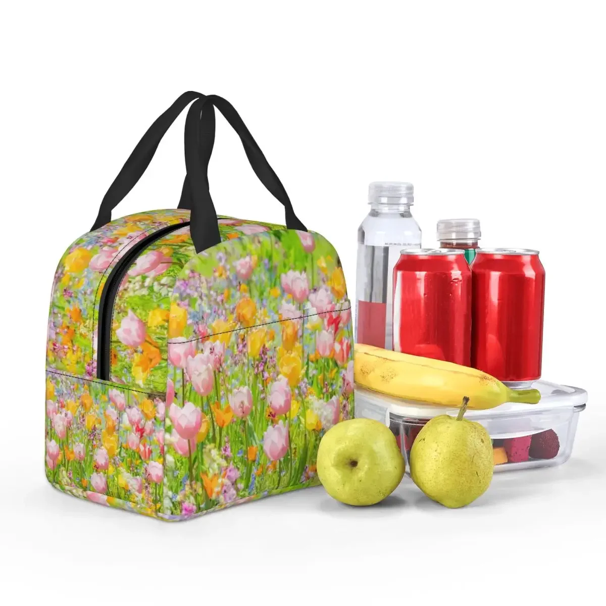 Pink And Yellow Tulip Anime Insulated Lunch Bag for Women Office Cooler Thermal Food Box Tote Portable Lunch Boxes Container