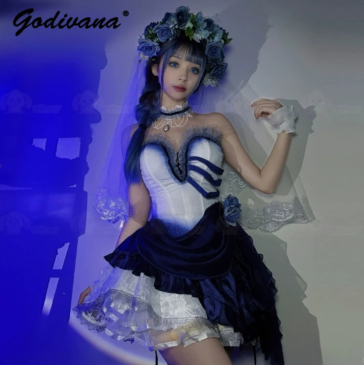 

Оригинальное готическое платье для косплея, костюм на Хэллоуин, труп невесты, женское синее платье без бретелек с градиентом и вуалью для вечерней вечеринки