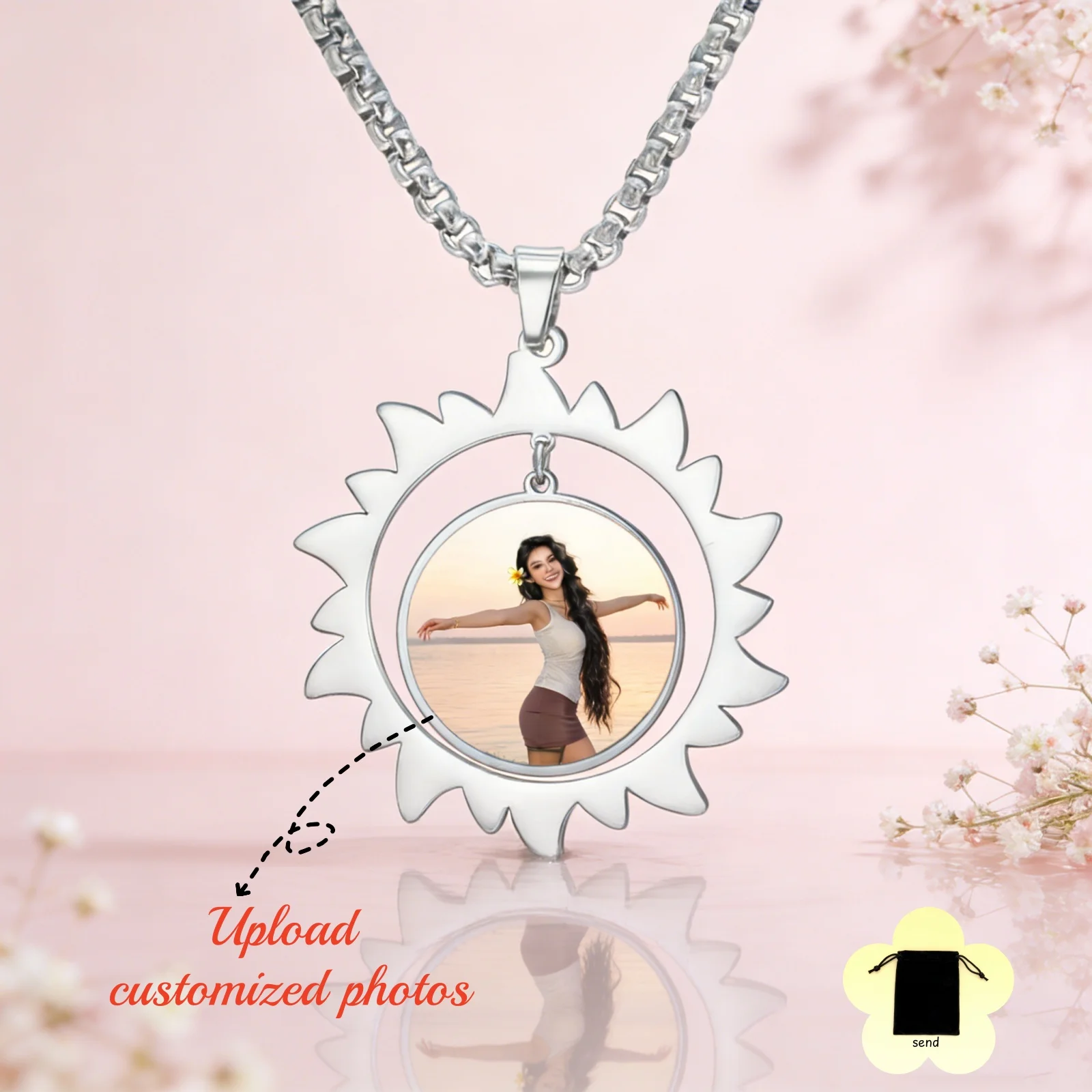 

Customized photo images sun frame necklace stainless steel personalized necklace images customized couple jewelry gifts ﻿