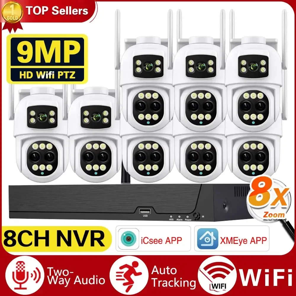 Top 8ch nvr 9mp sistema de cctv sem fio 8x zoom ao ar livre p2p wifi ip câmera segurança conjunto kit vigilância vídeo nvr conjunto icsee app