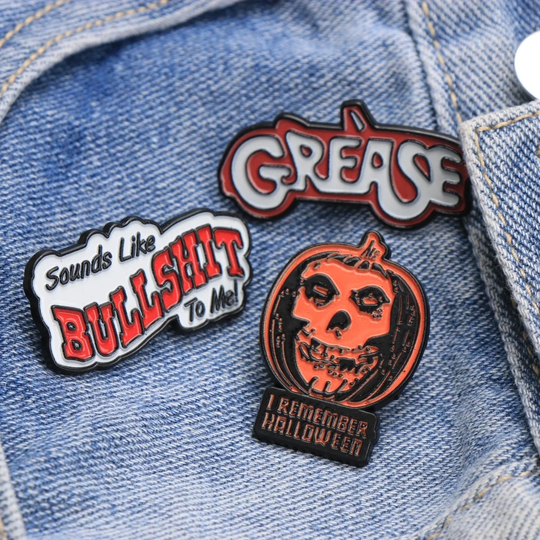 Punk Slogan Enamel Pins: BULLSHIT, GREASE & Halloween Lapel Badges for Jacket Backpack DIY Gifts