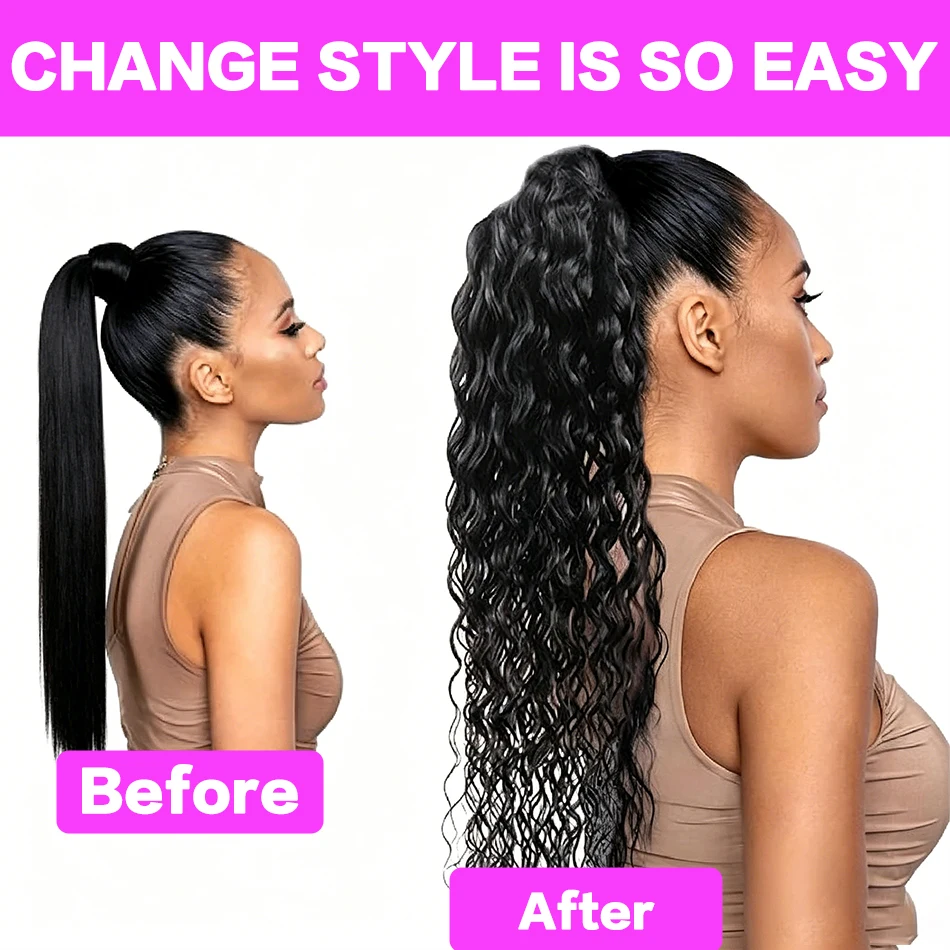 Water Wave Drawstring Ponytail 100% Remy Human Hair 14-28 Inch 80-160g Wrap Around Clip In Quick Styling Natural Color for Women view 5