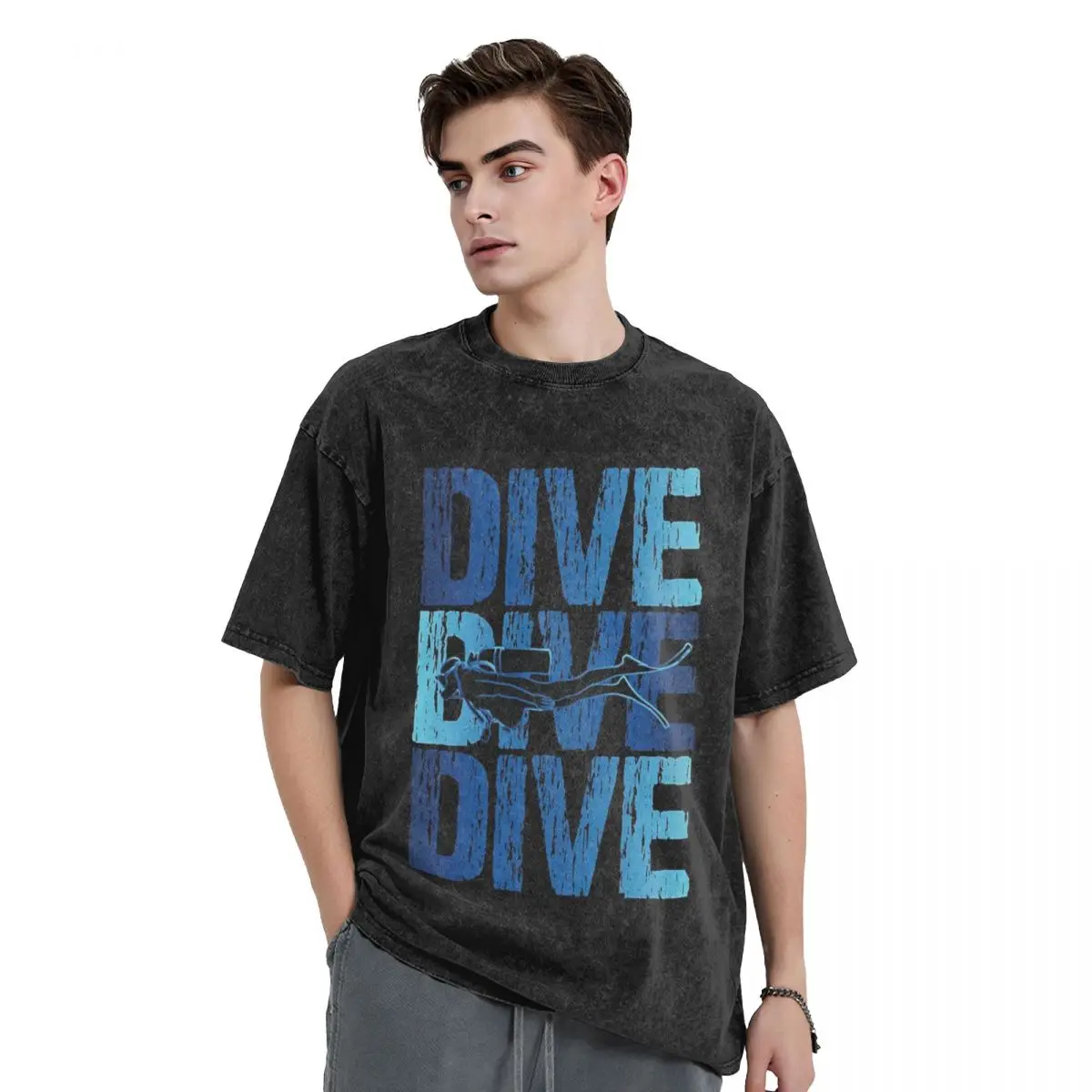 Dive Scuba Diver Washed T Shirts Harajuku Short Sleeve Hip Hop T-Shirt Streetwear Tops Tees for Men Women