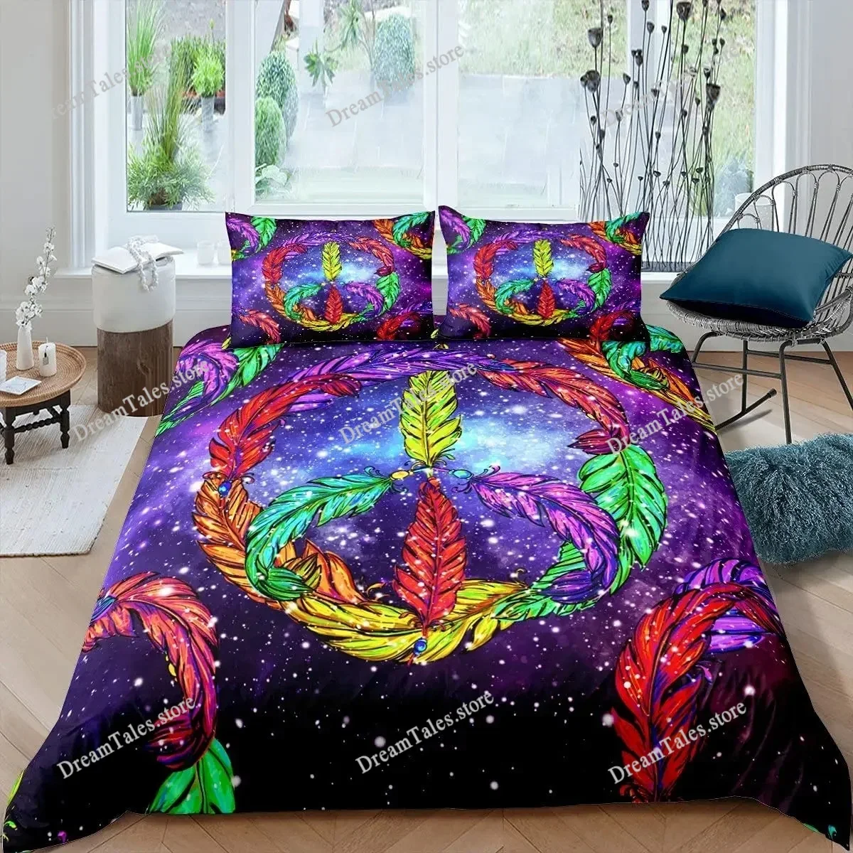 Peace Sign Duvet Cover Set Flower Power Polyester Comforter Cover Rural Pastoral Bedding Set with Pillowcase King Queen Size