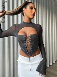 Cryptographic Lace Up Bandage Corset Top for Women Fashion Long Sleeve Sexy Backless Mesh Sheer Flare Sleeve Crop Tops Clothes