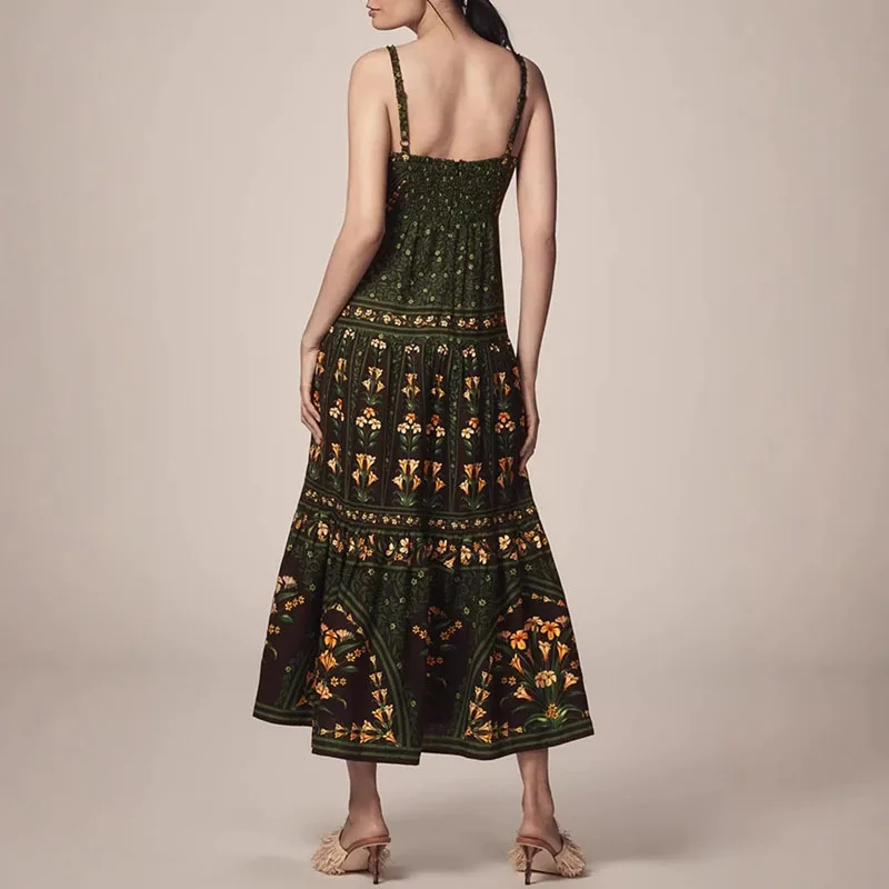 Summer Dresses 2025 Woman Pattern Print A-Line Pleated Dress Spring Square Collar Straps Long Dress Sexy Backless Zip Boho Dress