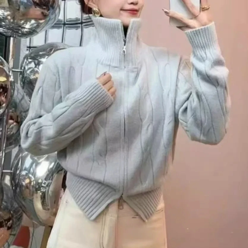 

Утолщенное вязаное короткое пальто, женская мода, ретро-свитер на молнии с воротником-стойкой, кардиган, осень-зима, Новое поступление, повседневный свитер