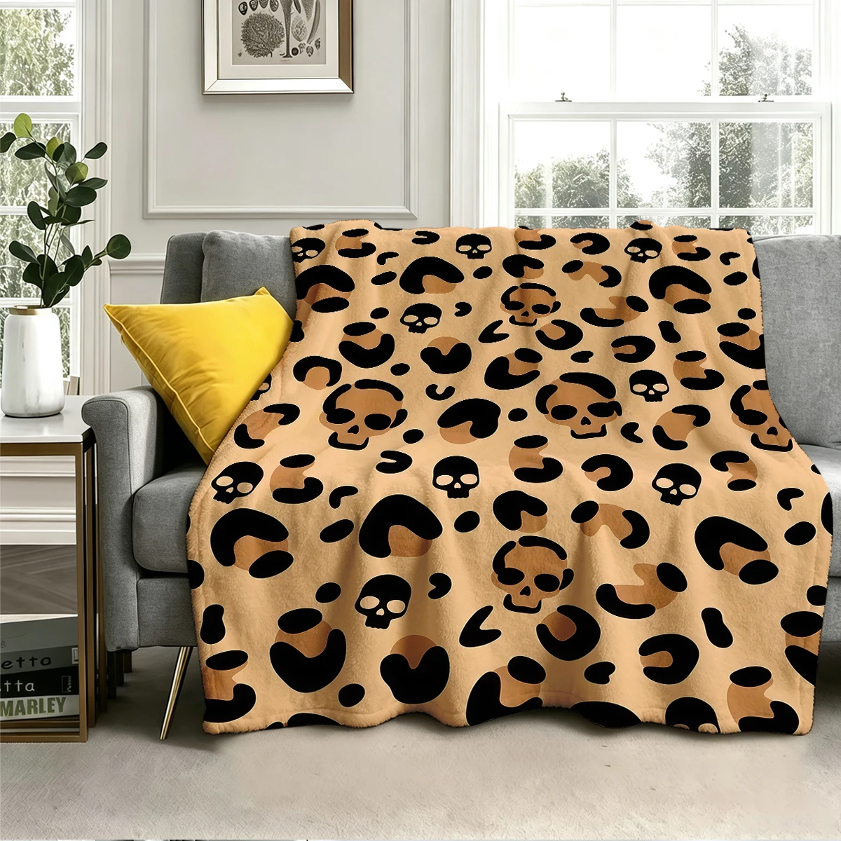 Skull Leopard  Flannel Blanket Warm Soft Halloween Christmas Couch Warm Cozy Decorative Decor Gift for All Season