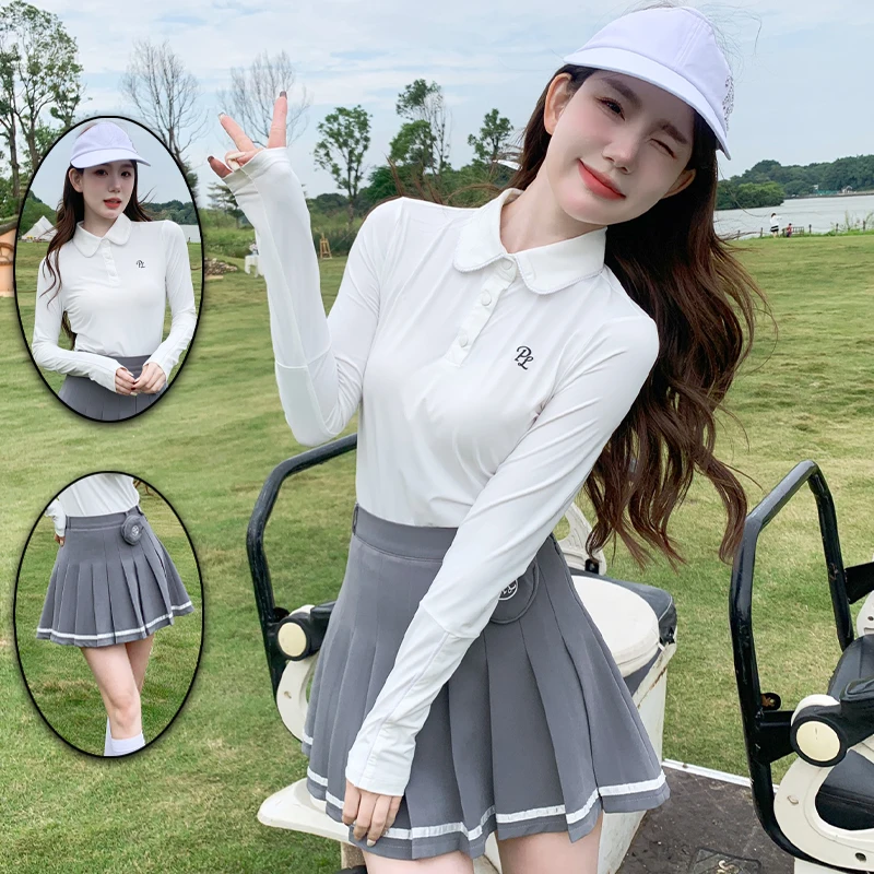 Golf Clothing Women Golf Long-sleeve Tops Korean Polo Collar Shirts Lady Casual Sports Skirts School Style Skorts with Small Bag