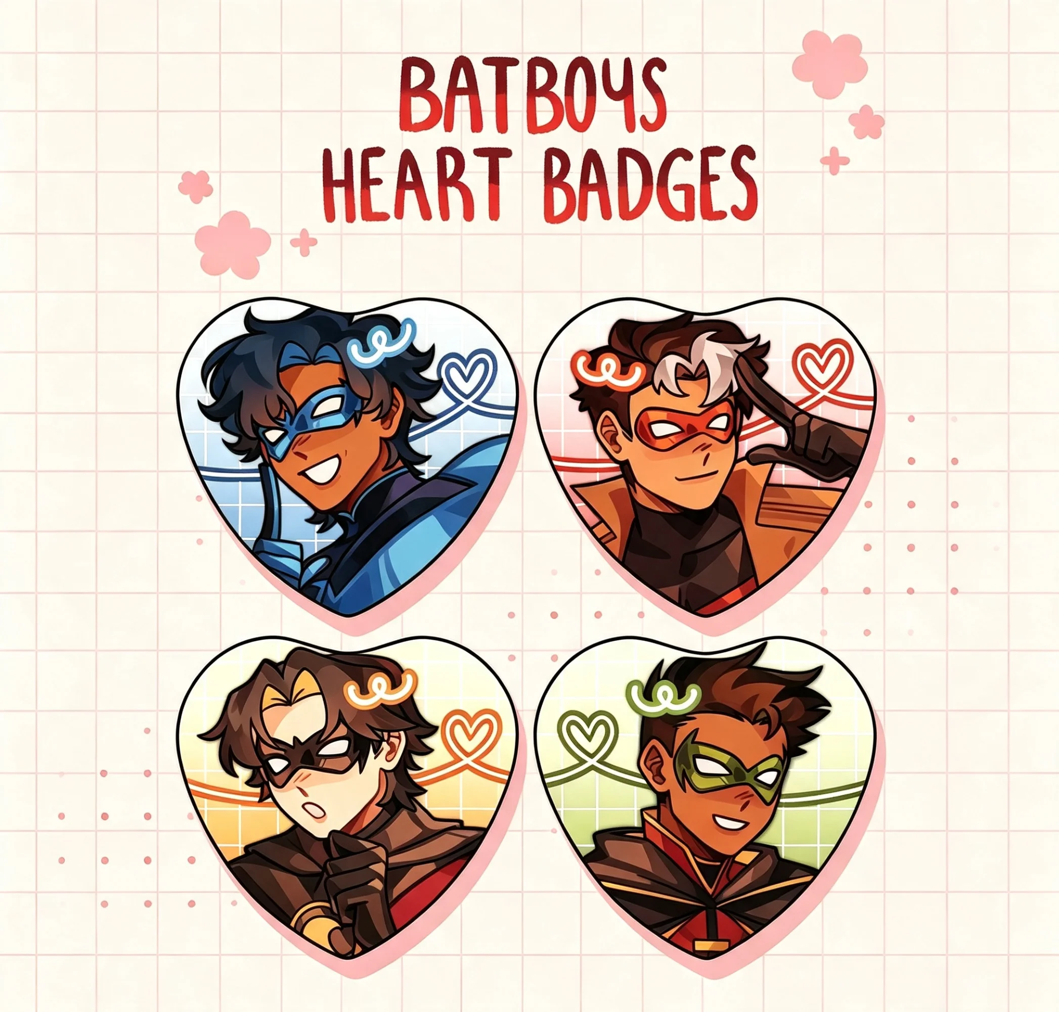 Image of Bat& Boys Herzförmige Abzeichen-Brosche Cartoon-Anime-Charakter-Pin Niedliche Herz-Anstecknadeln für Rucksack, Kleidung, Tasche, Sammlerstück, Geschenk
