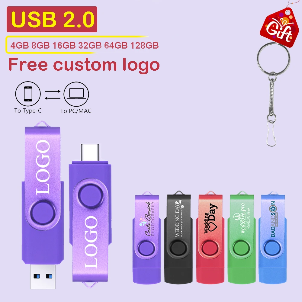 TYPE-C 2 in 1 Rotatable USB Flash Drive 128GB For Android & Iphone 15/16 Serie Memory Stick 64GB Free Custom Logo Pendrive 32GB