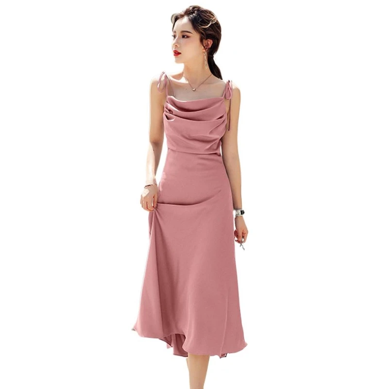 Donne di alta qualità nuovo Design Spaghetti Strap Dress elegante estate senza maniche a-line Folds Dress Office Lady Party Satin Vestido