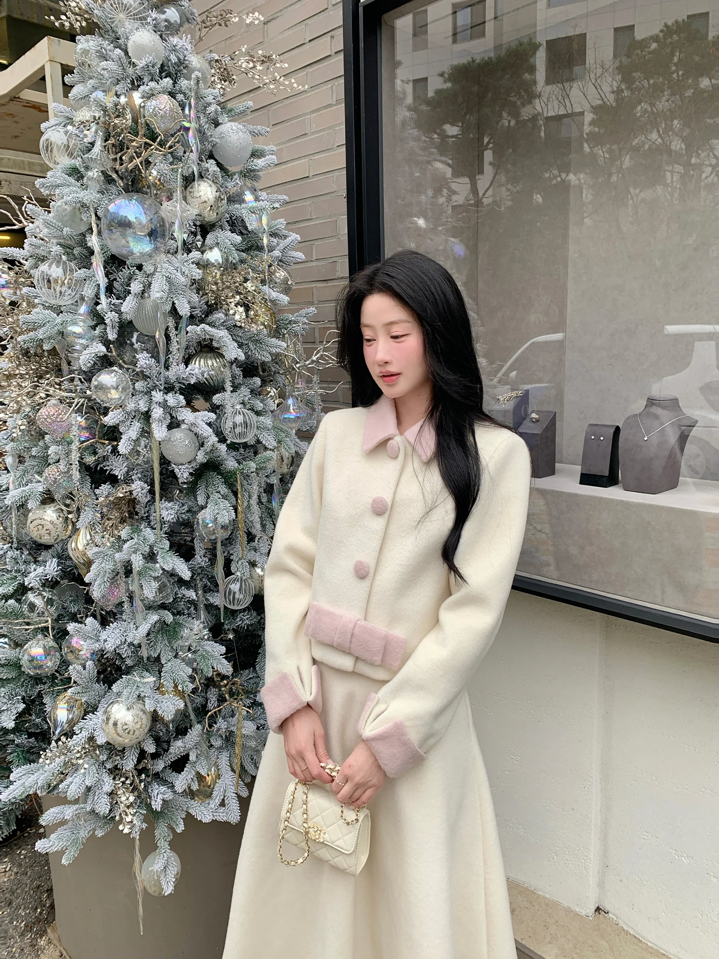 

JeJuna Woolen Suit Set with Vanilla Sweet Soft Pink White Color Block Knot High Waist Winter Fashion for ...