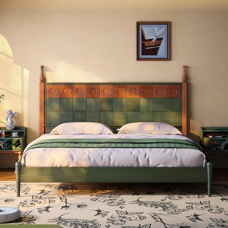 medieval solid wood bed, small apartment master bedroom simple ash wood bed, master bedroom retro double 1.8m wedding bed