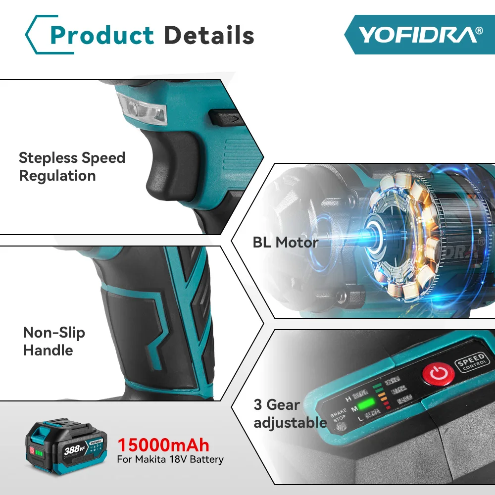 YOFIDRA 1/2 "1000N.M Borstelloze Elektrische Slagmoersleutel Handheld Draadloze Auto Schroevendraaier Boor Socket Set voor Makita 18V Batterij