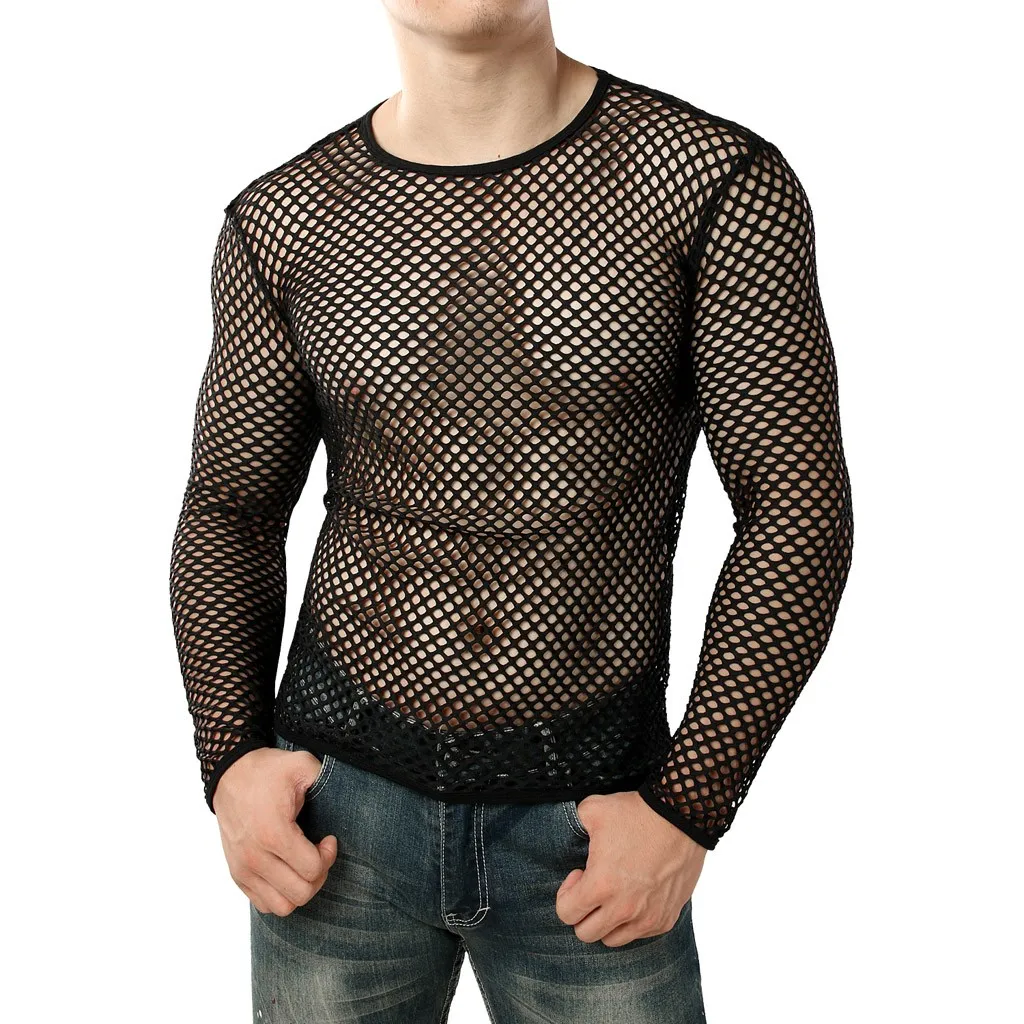 Muscle Tops Sexy Mesh See Through NIghtclub Party Male Clothing Hollow Out Long Sleeve Round Neck Fishnet Perspective Camiseta