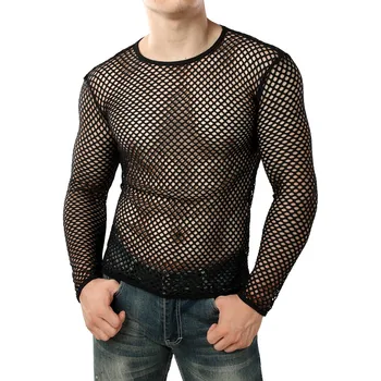 Muscle Tops Sexy Mesh See Through NIghtclub Party Male Clothing Hollow Out Long Sleeve Round Neck Fishnet Perspective Camiseta