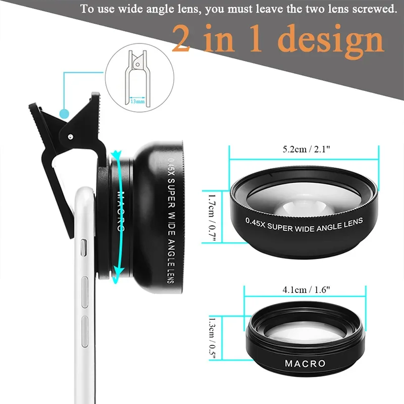 Universal HD 0.45x Super Wide Angle Lens with 12.5x Super Macro Lens for iPhone Samsung Xiaomi Smartphones Camera Phone lens Kit