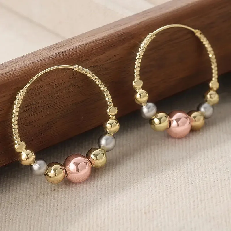Huitan Creative Hoop Earrings with Three-color Bead Design Elegant Bright Accessories Fashion Attractive Party Jewelry for Women