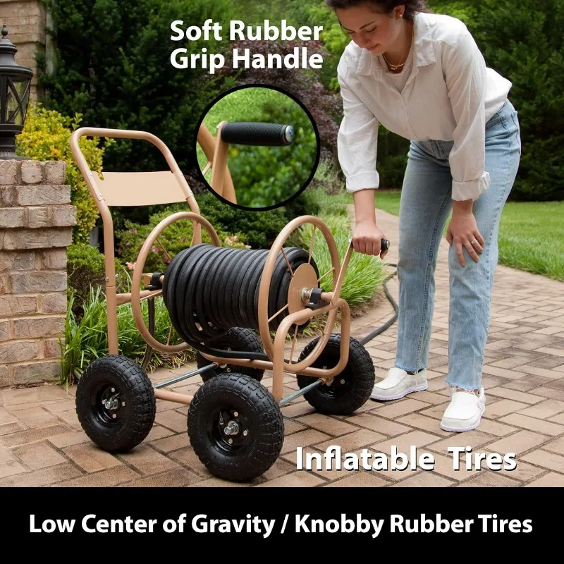 Liberty Garden Industrial 4 Wheel 300 Foot of 0.625 Inch Hose Steel Frame Water Hose Reel Cart for Backyard, Garden, or Lawn,