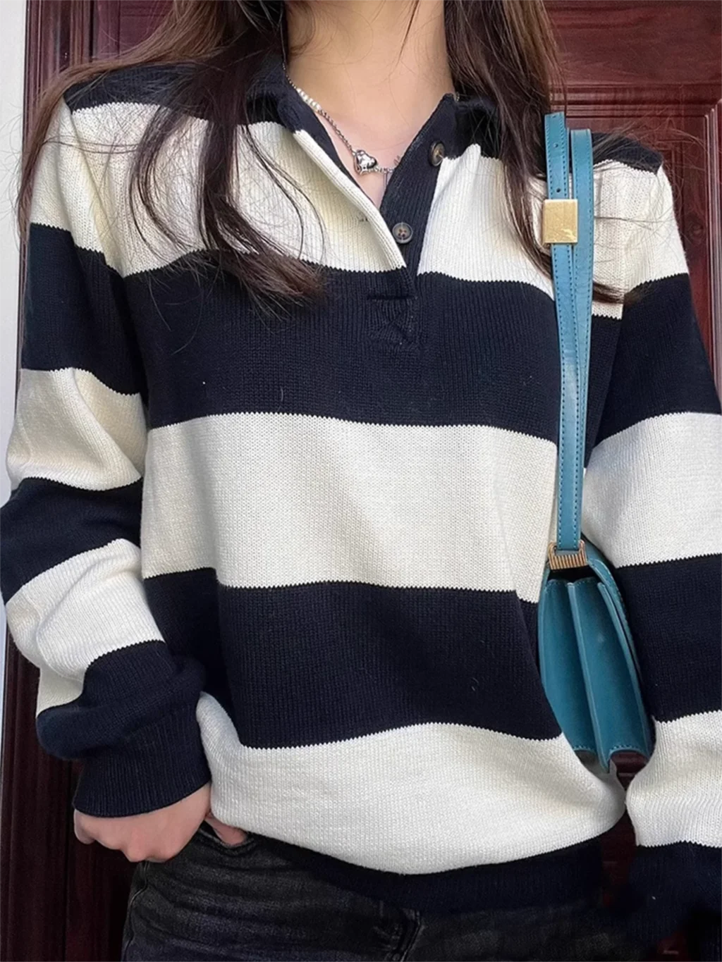 Vintage Stripes Sweet Sweater Woman Autumn Buttons Lapel Long Sleeve Pullover Preppy Style Casual Streetwear Jumper Sweaters Top
