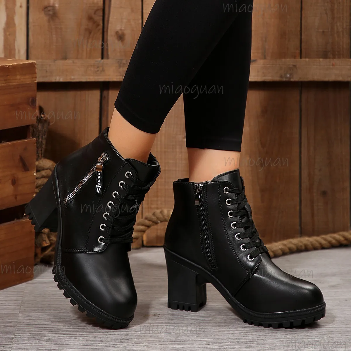 Bottines à talons hauts pour femmes, chaussures noires à plateforme, tête ronde, talons épais, décontractées, courtes en cuir, automne