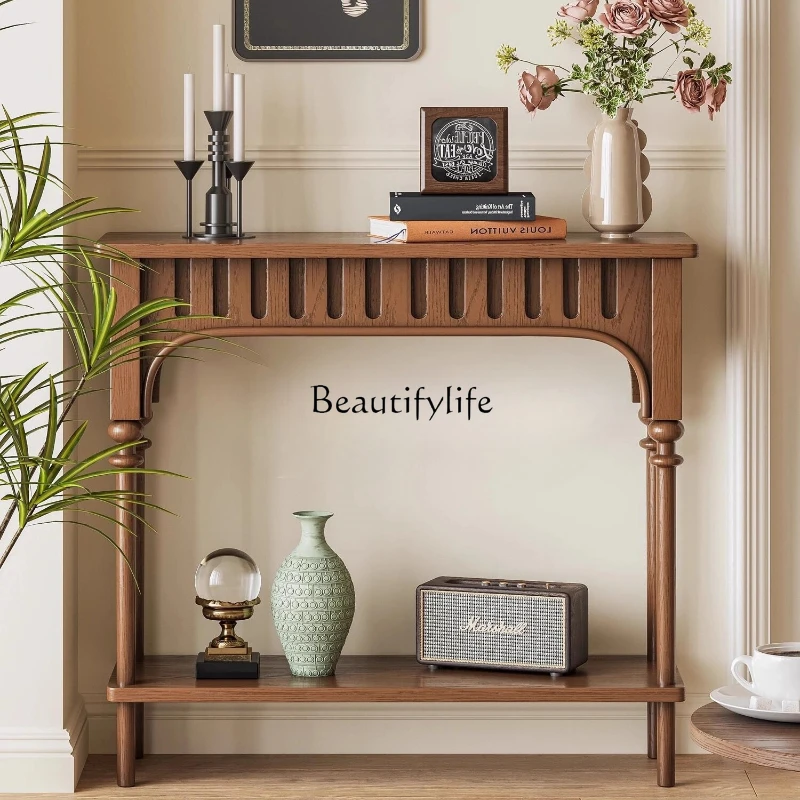 

French medieval style entrance entrance table side cabinet retro solid wood high-footed entrance platform