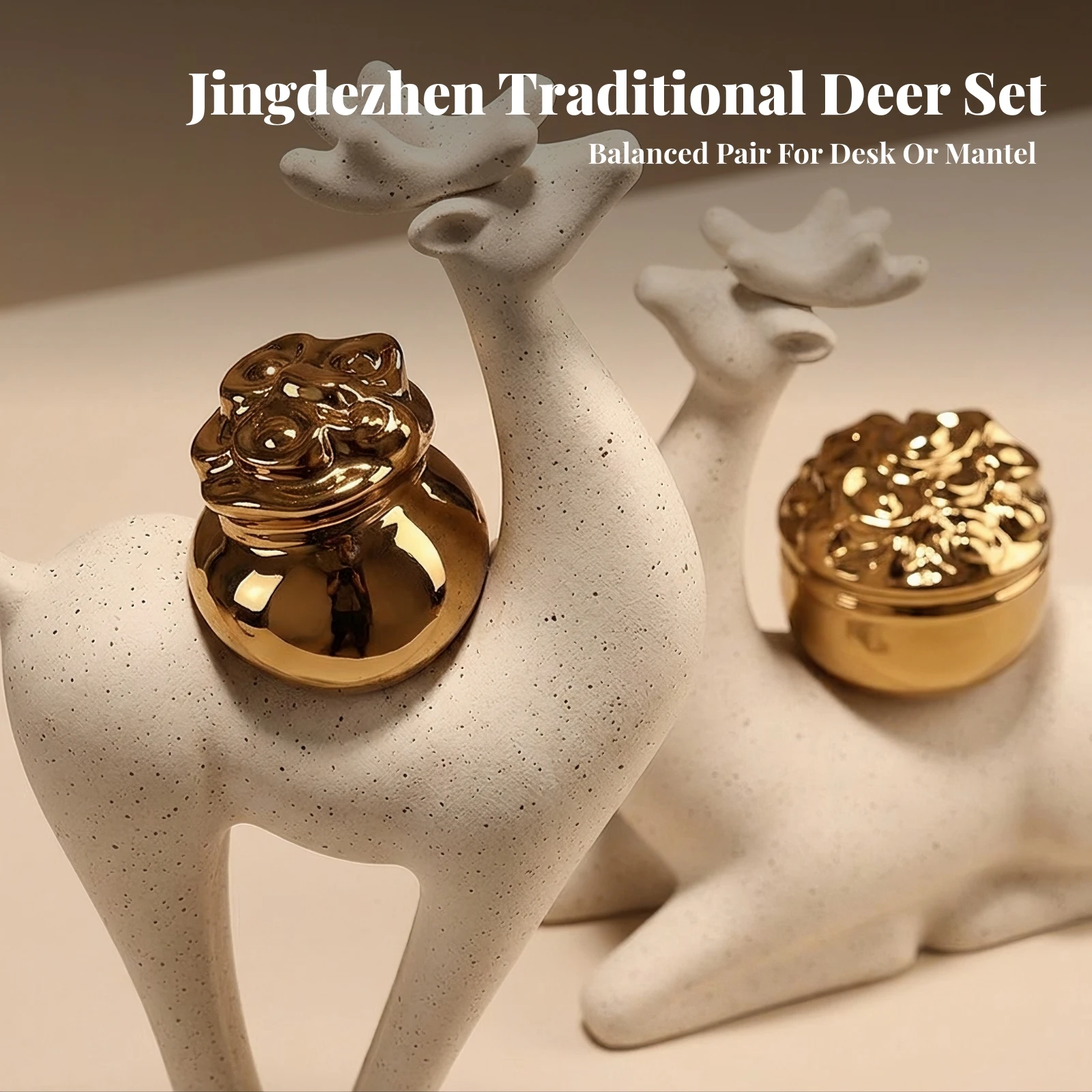 Porcelain Deer Figurines Elegant Ceramic Deer with Gold Accents Figurine Deers Smooth Glazed Classic for Homeowners, Living Room