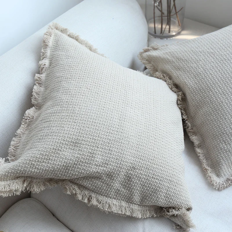 

Decorative Throw Pillow Covers with Tassels, Linen Pillowcase, Beige Fringed Cushion Cover for Farmhouse Couch Sofa and Chair,