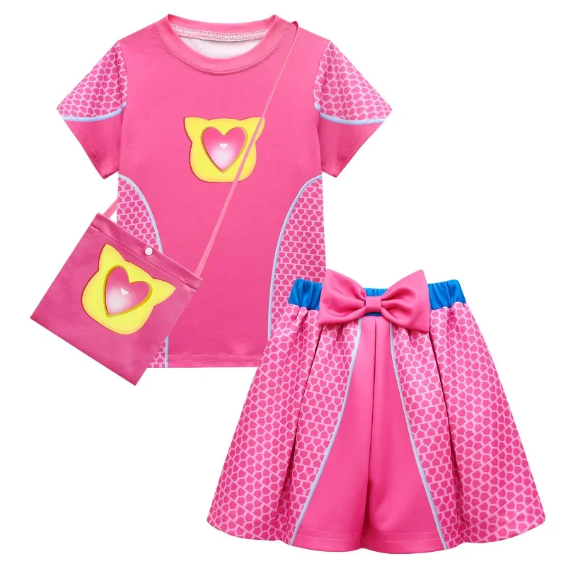 SuperKitties Cartoon Print Girl's Short Sleeve Pleated Skirt Three-Piece Set with Headband and Bag Cosplay Costume