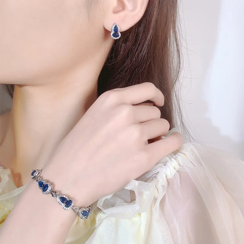S925 Silver Needle European and American Style Royal Blue Gemstone Gourd Bracelet and Earring Set for Women