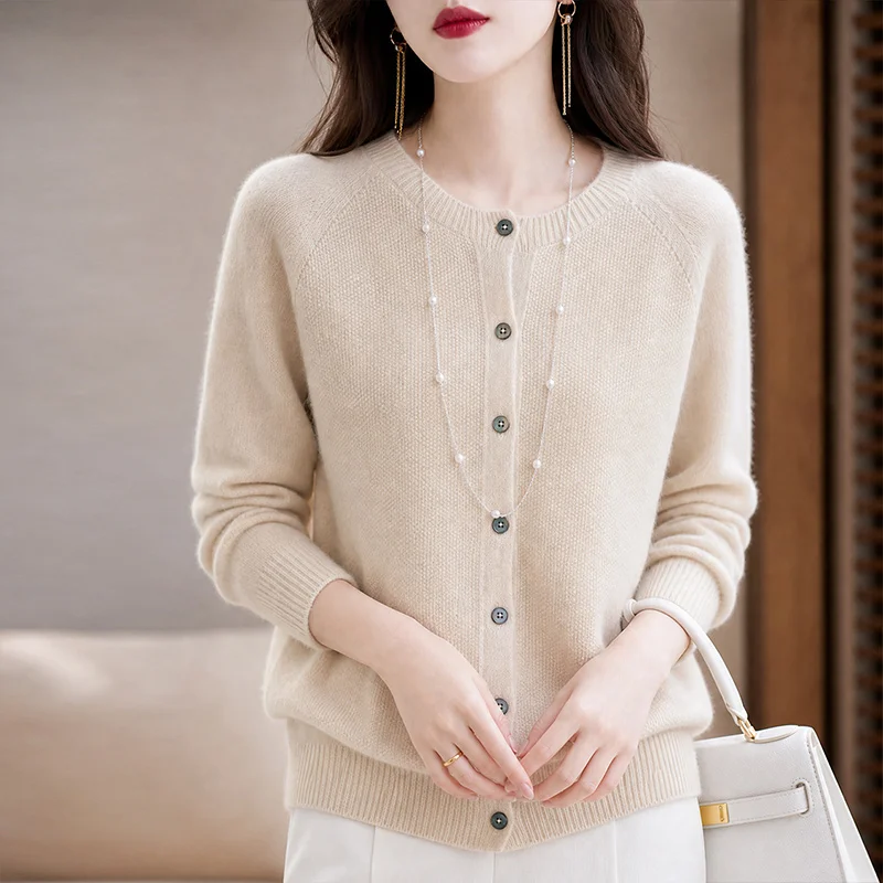 Autumn Winter New Women 100% Merino Wool Sweater Osmanthus Stitch Seamless Knit O-Neck Cardigan Mature Simple Knit Outerwear