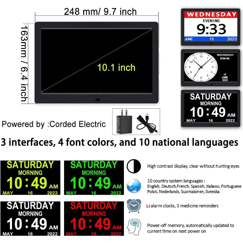 AINFTIME Clock with Day and Date for Elderly-3 Colors Display Digital Calendar Alarm Clock Dementia Alzheimers Clock