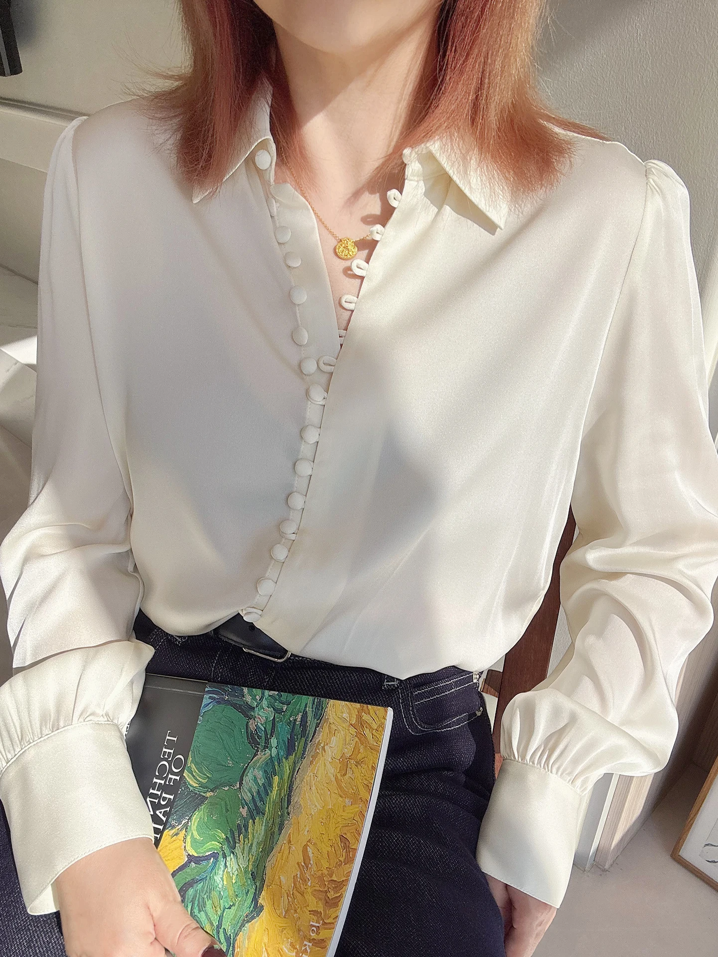 

Silk Long Sve irt Dra Luster Double Gauze Satin French Sle Loose Fit Women's Premium Quali Silk Button up