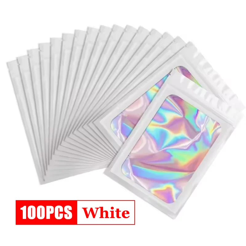 100 Stück holografische Druckverschlussbeutel aus Kunststoff, laser schillernde Reißverschlusstaschen für Maniküre, Wimpern, Display, Ohrringe, Ring, Schmuck, Aufbewahrungsbeutel