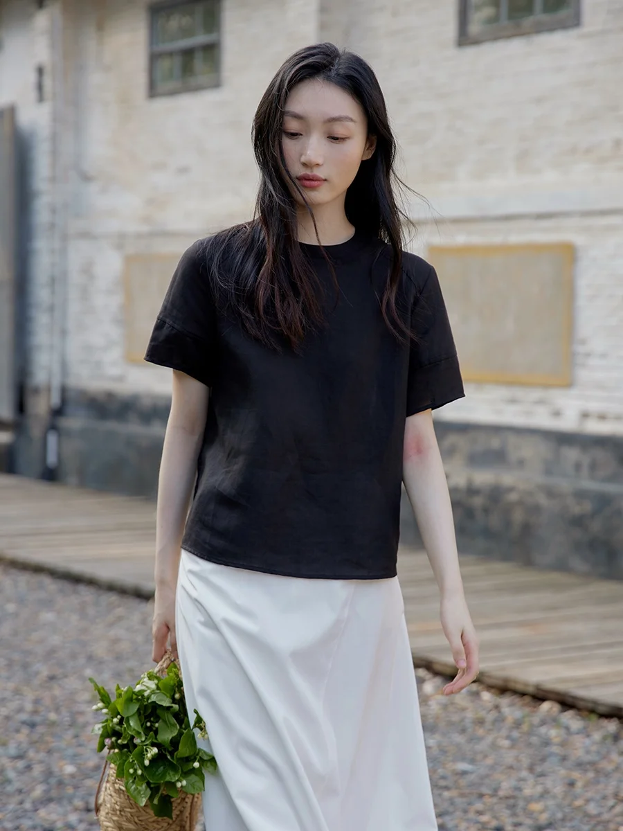 

Ginnkee Linen round Neck Short Sleeve Shirt Women's Summer Cool Breathable T-Shirt Commute Style Basic Straight Cut Top