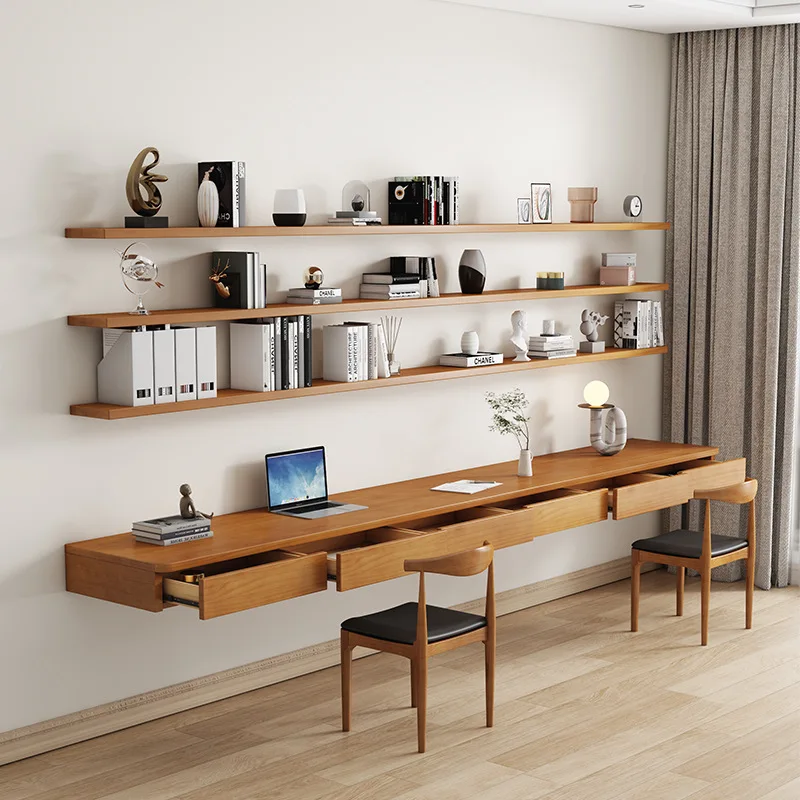 Wall solid wood with drawers computer desk wall-mounted suspended bookshelf combination wall-shaped long