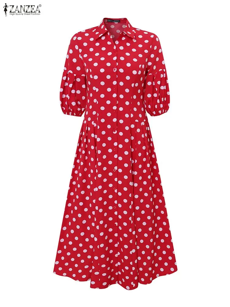 2025 ZANZEA 우아한 랜턴 소매 파티 드레스 스타일리시 여성 맥시 드레스 물방울 무늬 프린트 반소매 선드레스 A라인 베스티도