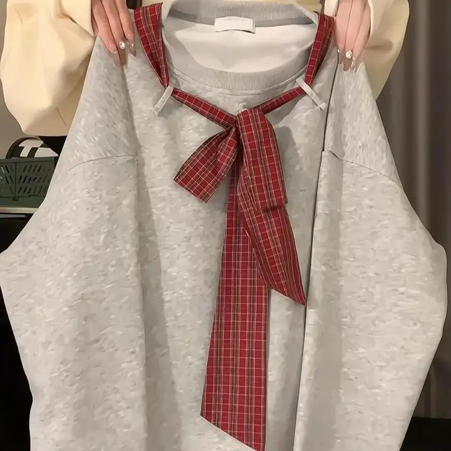 

Толстовка в американском стиле ретро на шнуровке контрастного цвета, пуловер с круглым вырезом, женский весенне-осенний свободный повседневный топ с длинными рукавами