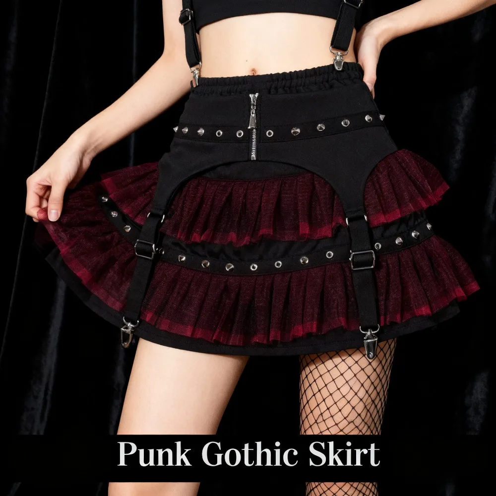 

Dark-Style Black-Red Tulle Skirt Women's Paneled Skirt Versatile Bottom Wear for Daily