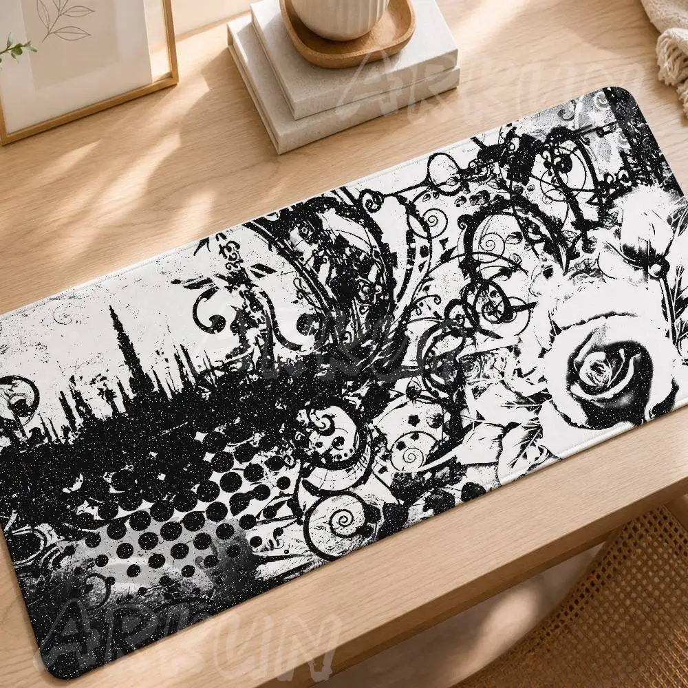 Gothic Dark Style Gaming Mouse Pad Black White Cross Skeleton Rose Vintage Grunge Pattern Non Slip Large Desk Mat Keyboard Pad