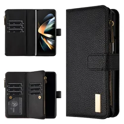 For Samsung Galaxy Z Fold 6 5 4 3 Case Wallet Magnetic Lychee Grain Leather Zipper Flip Card Slot Pocket Shockproof Hard Cover