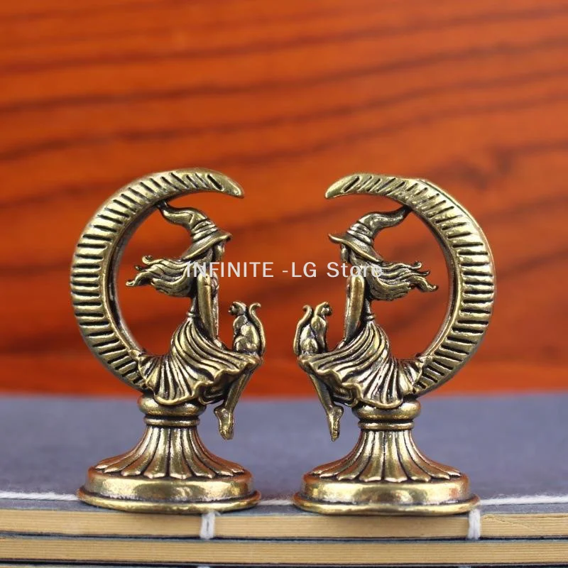 Brass Crescent Moon Witch Cat Statue Retro Gothic Mini Figurine Decor Ornament For Desktop Bedroom MysticalINFINITE -LG