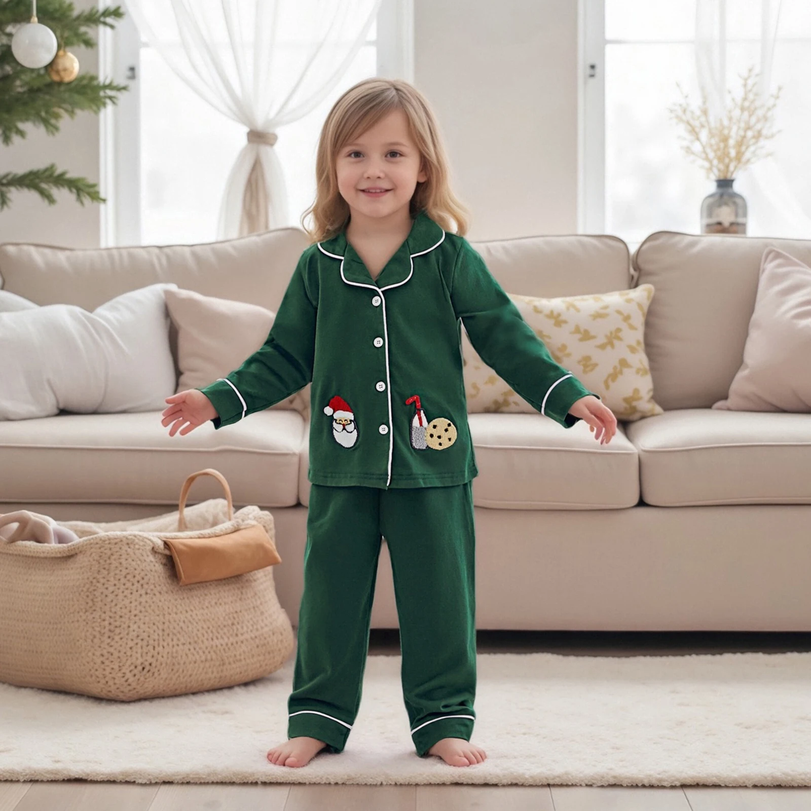 

Tregren Kids Girl Christmas Pajamas Sets Long Sleeve Santa Claus Embroidery Shirt and Pants Toddler Baby Loungewear Sleepwear