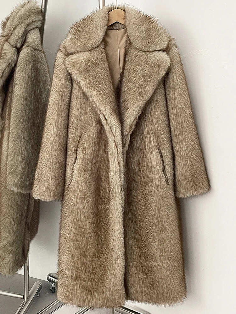 Mueyeruho 2025 Winter Women Faux Fur Jacket Coat Solid Khaki Long Sleeve Thick Warm Overcoat Outwear Fluffy Coat For Women