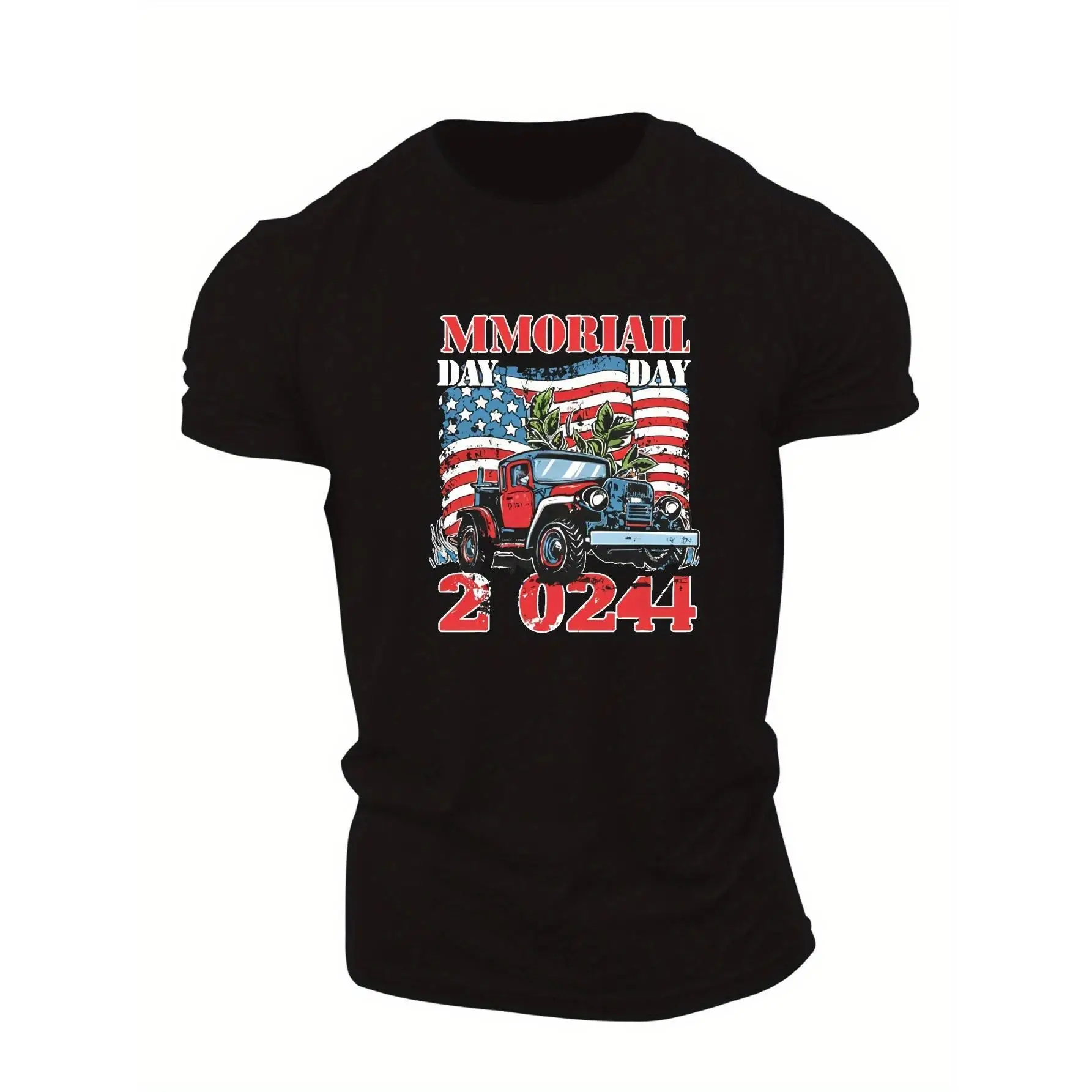 

Patriotic Memorial Day 2024 Tee - Casual Short Sleeve, Breathable Polyester, Geometric Print, Round Neck - Perfect For Summer