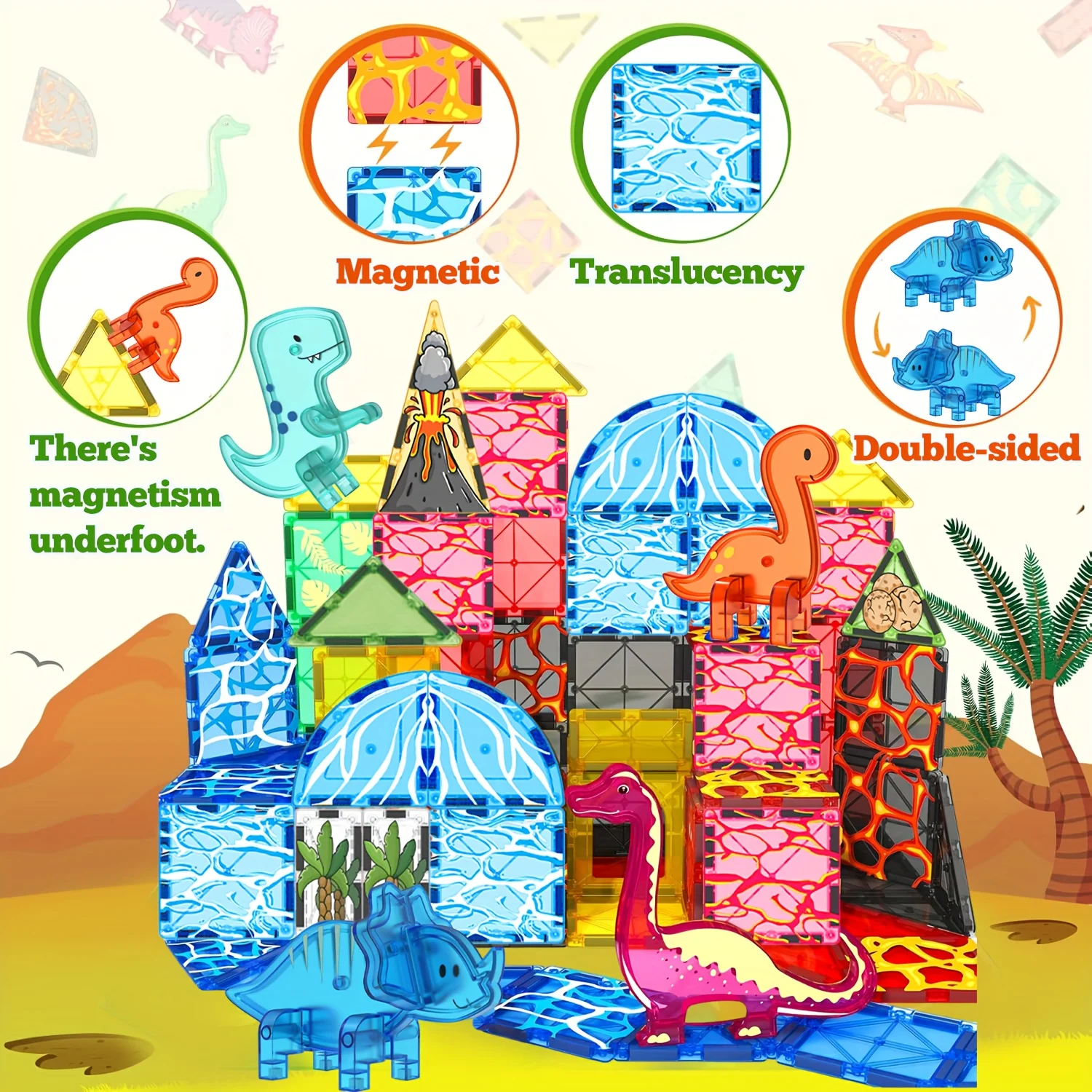 ของเล่นบล็อกแม่เหล็ก, กระเบื้องแม่เหล็ก, ธีมภูเขาไฟไดโนเสาร์, บล็อกสร้างสรรค์เหมาะสำหรับของขวัญวันเกิดวันหยุด